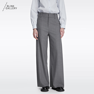 BLINK/女装打褶高腰羊毛混纺阔腿裤宽松烟灰色气质百搭简约通勤