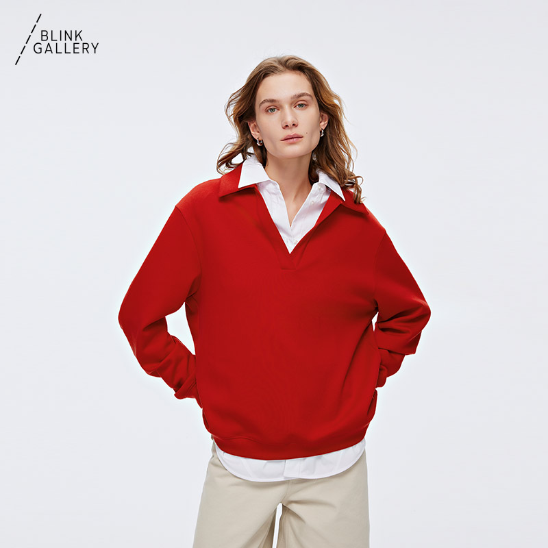 BLINK/莱赛尔+棉混纺微弹红色POLO卫衣长袖翻领上衣叠穿节日献礼