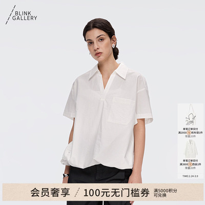 BLINK/短袖衬衫通勤花苞抽褶翻领V领套头上衣宽松简约