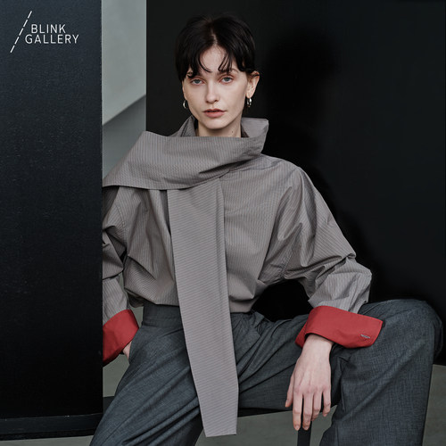 BLINK/灰色条纹纯棉立领飘带长袖衬衫女撞色上衣宽松舒适小众设计
