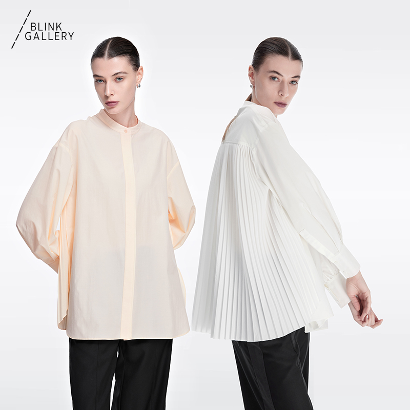 BLINK/女装后背压褶蜜桃粉色衬衫女士宽松风琴上衣通勤百搭设计感
