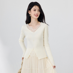 清仓秋春！SeRina Blue沙芮娜蕾丝拼接高级感V领针织衫女薄款上衣