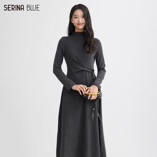 SeRina 设计感高领收腰连衣裙女2025冬气质打底长裙 Blue商场同款