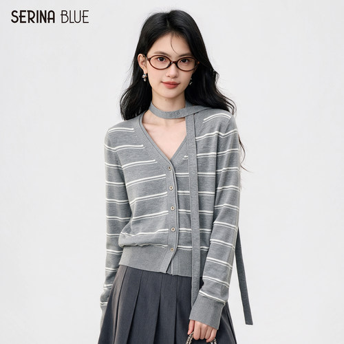 SeRinaBlue复古条纹挂脖针织开衫