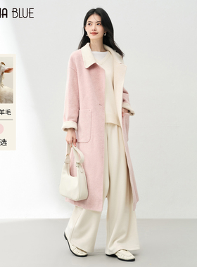 SeRina Blue2025冬季新款polo领外套高端100%纯绵羊毛双面呢大衣