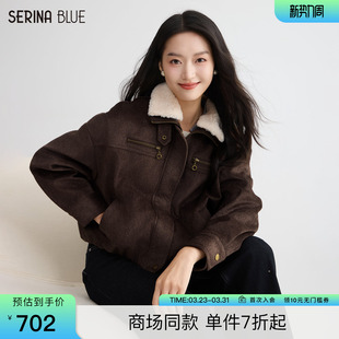 复古翻领保暖短款 SeRina 新款 春季 女士机车夹克外套 Blue商场同款