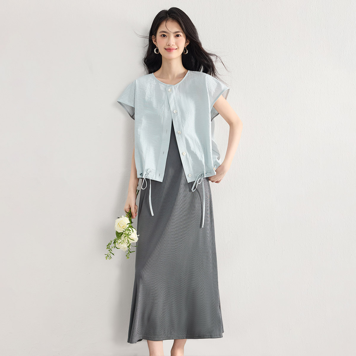 SeRina Blue2026夏季新款慵懒风衬衫搭配连衣裙女休闲气质两件套