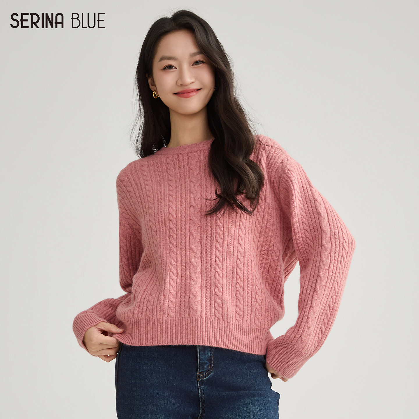 SeRinaBlue商场同款2026年春季新款圆领针织麻花纹套头女士羊毛衫