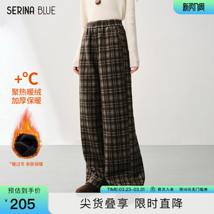 松紧腰长裤 SeRinaBlue2026春季 女裤 复古格子加绒加厚休闲裤 子 新款