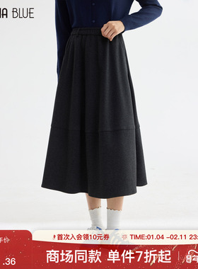 SeRina Blue商场同款2025冬季高腰显瘦黑色花苞半身裙女a字长裙子
