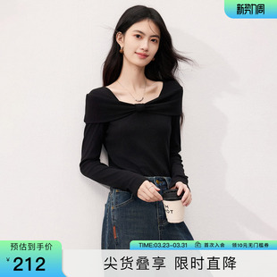 Blue2026新款 女打底衫 法式 长袖 秋t恤 针织蝴蝶扭结黑色修身 SeRina