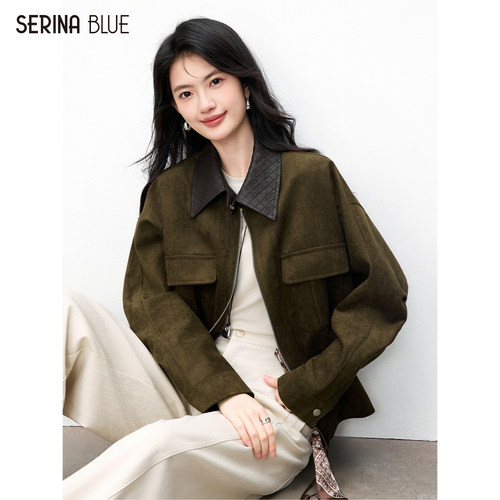 SeRinaBlue菱格皮领仿麂皮女夹克