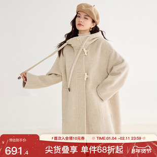 SeRinaBlue沙芮娜2025秋冬新款宽松学院风中长款连帽双面呢外套女