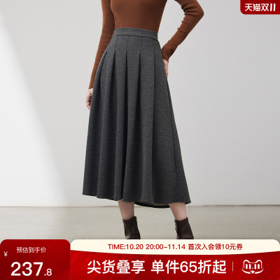 SeRinaBlue沙芮娜厚实磨毛冬款复古高腰毛呢百褶A字版女式半身裙