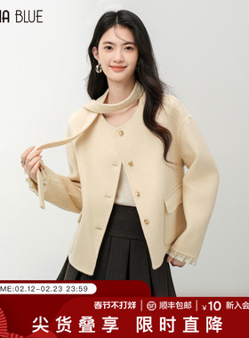 SeRinaBlue品牌2026春季新款圆领短款双面呢女士气质羊毛大衣外套