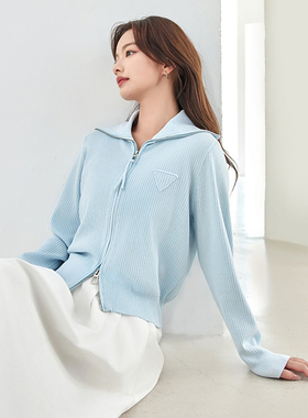 SeRina Blue沙芮娜2025秋季新款针织开衫外套短款翻领双拉链上衣