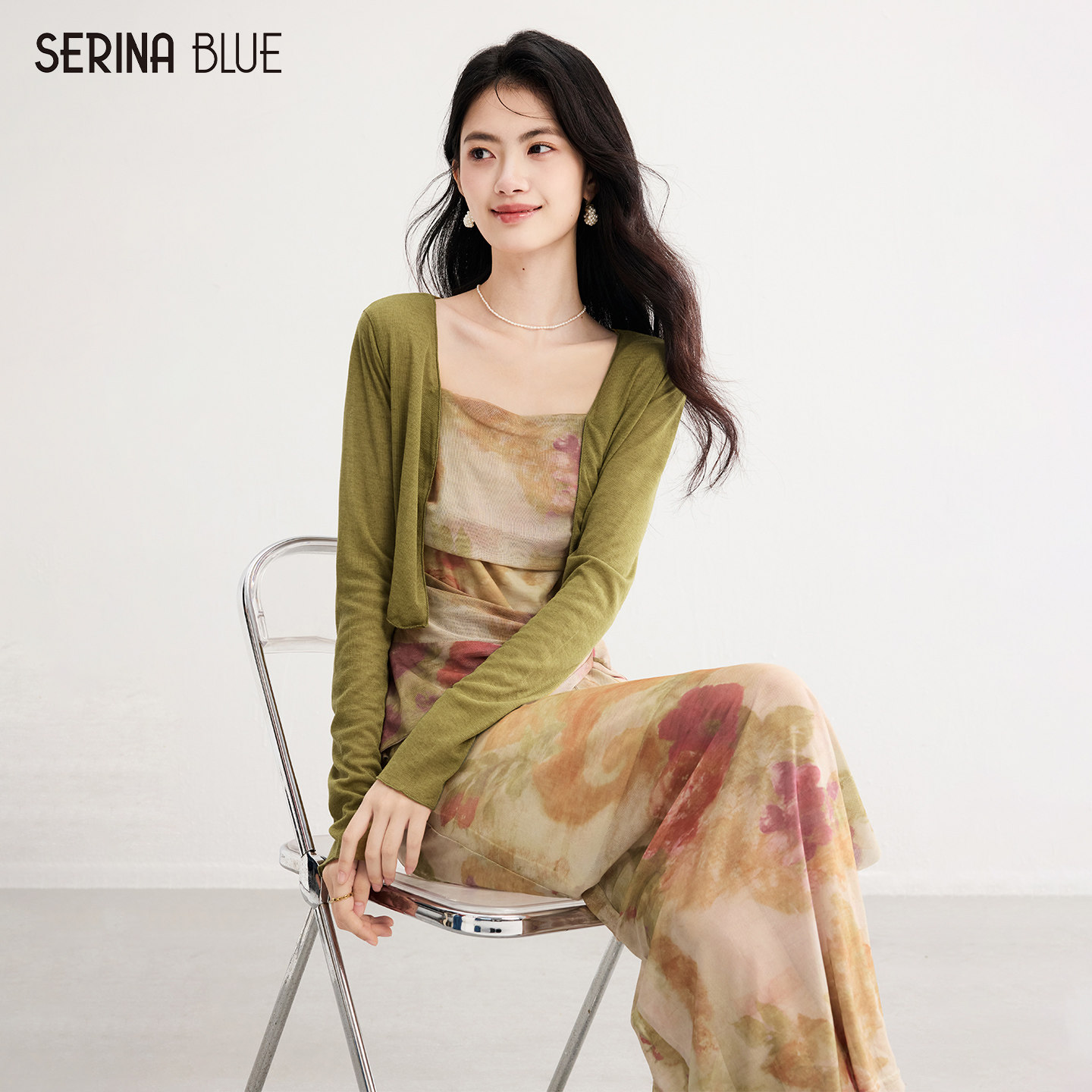 SerinaBlue2026新款油画晕染针织开衫连衣裙套装女裙子两件套夏季