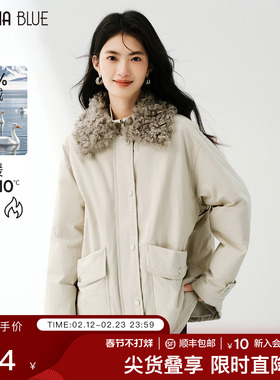 SeRinaBlue2025冬季新款工装风短款羽绒棉服女可拆卸毛领加厚外套