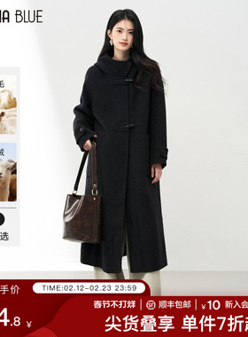 SeRina Blue2026秋季新款连帽羊毛双面呢气质大衣长款毛呢外套女