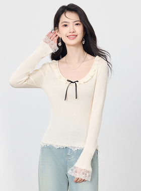 SeRina Blue2025秋季新款木耳边圆领蕾丝花边拼接针织衫女士上衣