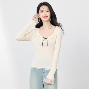 木耳边圆领蕾丝花边拼接针织衫 新款 女士上衣 Blue2025秋季 SeRina