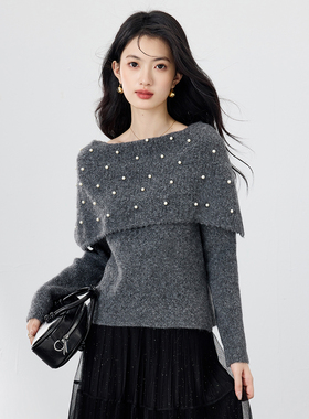 SeRina Blue沙芮娜2025年秋季纯欲风钉珠一字肩斗篷式针织上衣女