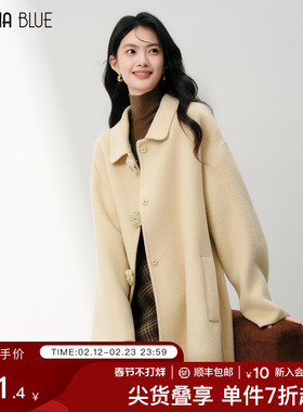 SeRinaBlue2026春季新款翻领气质超好看双面呢外套中长款羊毛大衣