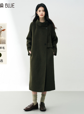 SeRina Blue2025秋冬季新款长款毛呢外套女100羊毛双面呢气质大衣