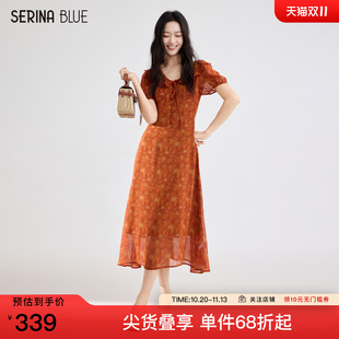SeRinaBlue商场同款2026夏季新款碎花荷叶领中长款女士雪纺连衣裙