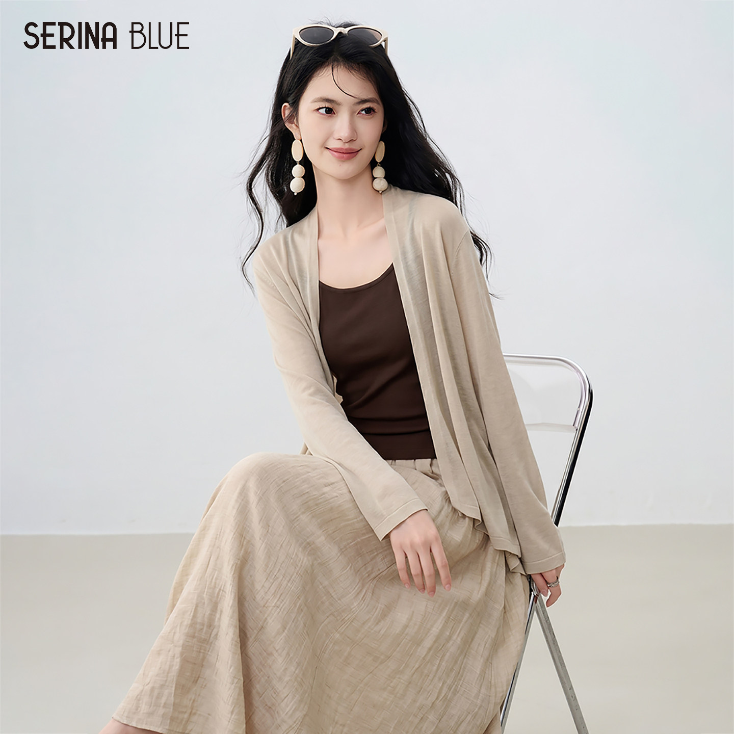 SeRinaBlue2026新款老钱风针织开衫吊带半身裙三件套女士休闲套装