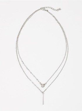 叨欧美新款ins满钻圆牌长条吊坠双层项链女创意个性叠戴锁骨链