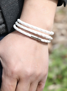 牛皮绳绳手錬编织皮质多层手 男士女生韩版钛钢潮人手环饰品