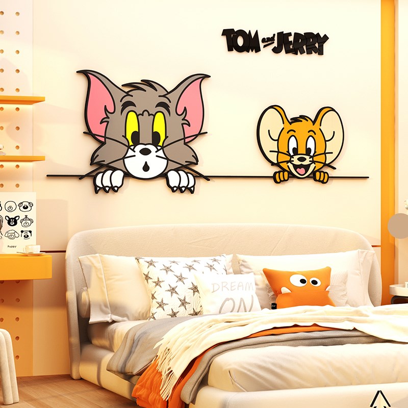 现货速发猫和老鼠电视机背景墙面壁画卧室立体自粘贴纸大白挂件客