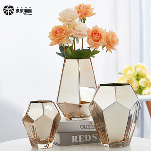 速发创意简瓶轻奢玻装 璃饰品 花瓶摆件餐桌客厅玄关插花约干花欧式