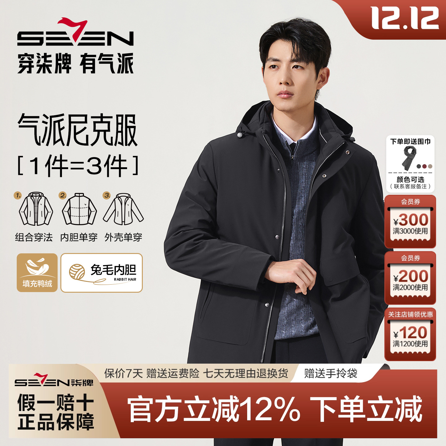 柒牌尼克服男冬季保暖加厚皮草