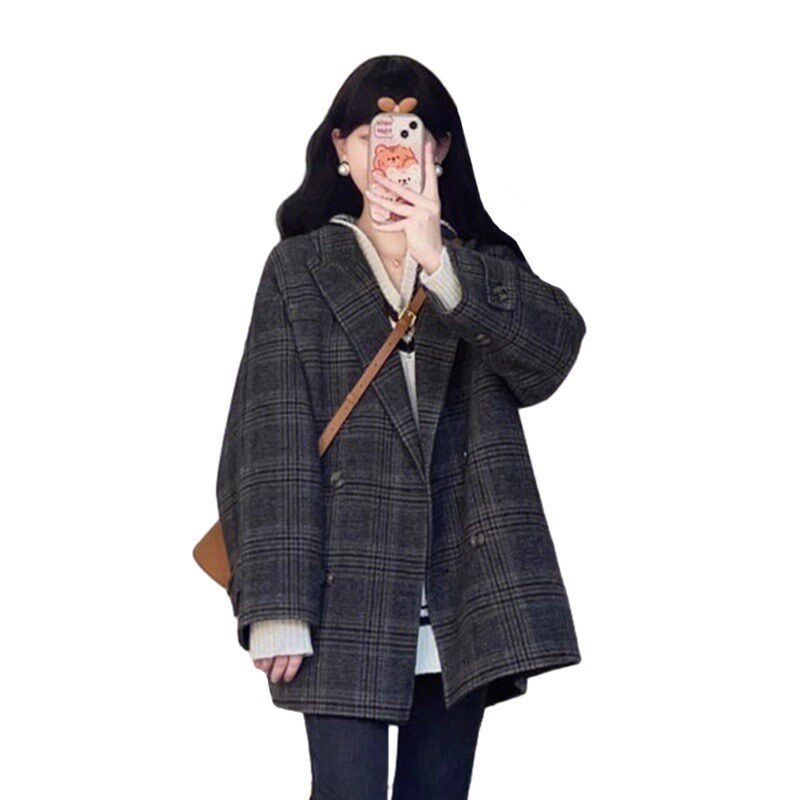 现货速发早秋小个子香风毛呢格子外套春2025新款赫本风设计上衣