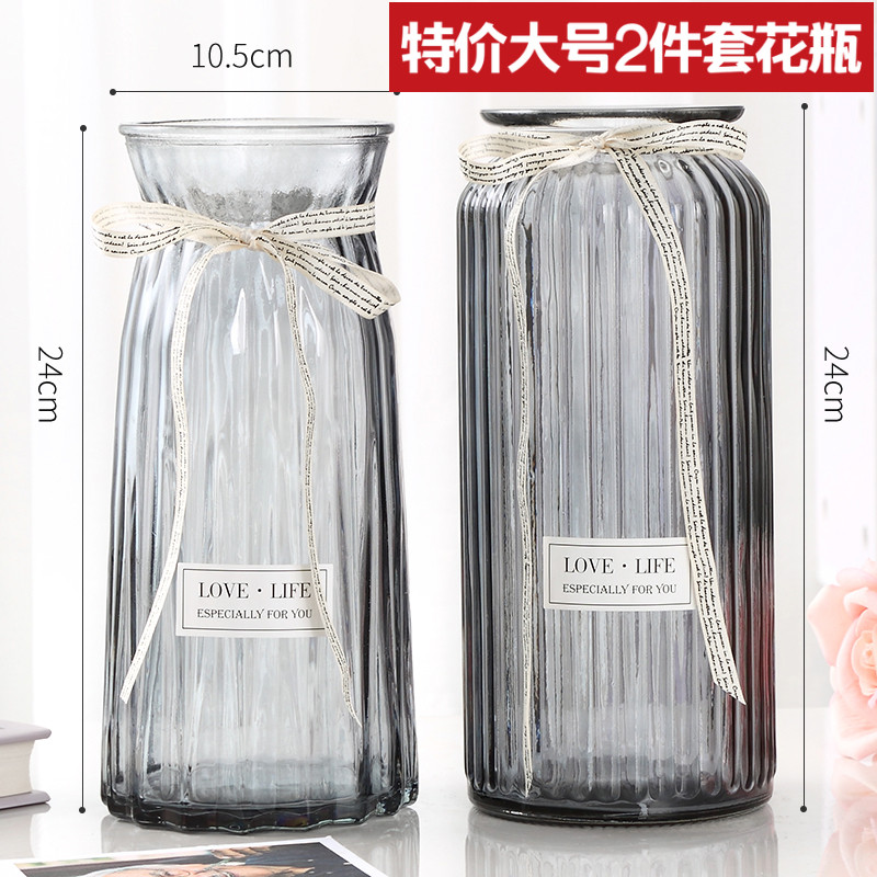 速发【二合套】大号欧式简约透明彩色水百富贵竹培件干花玻璃花瓶