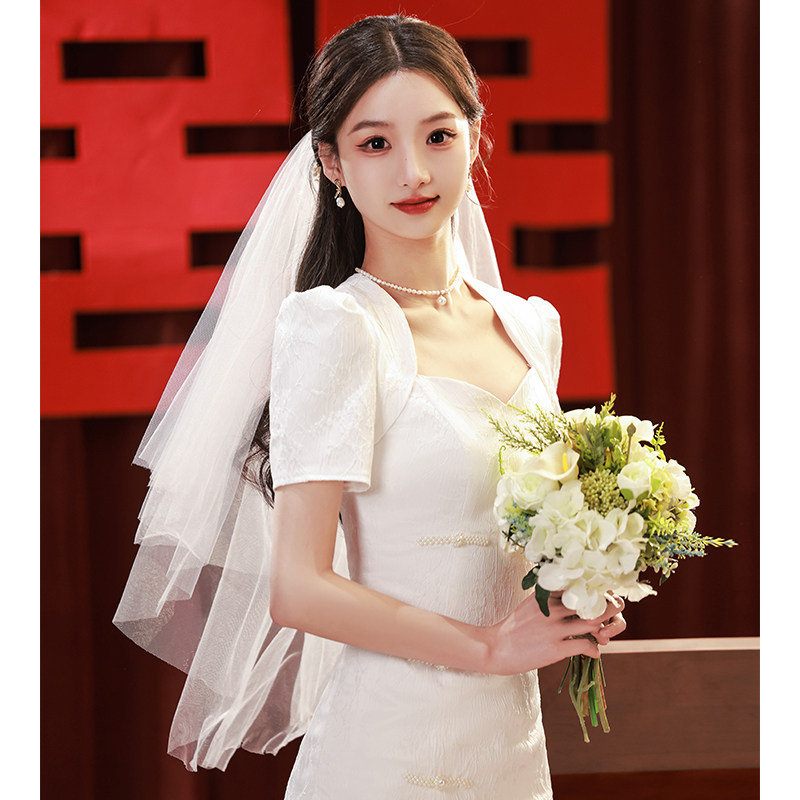速发白色个婚旗袍晚礼服裙小法子领证登记白裙新中式敬酒服订式