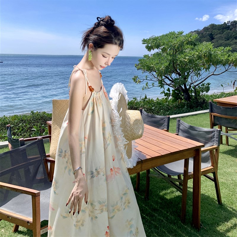 速发度假风海边夏日印花沙滩长裙2024夏季新款清爽宽松吊带连衣裙