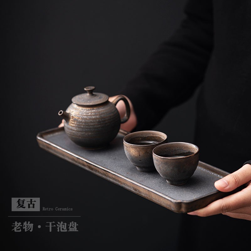 速发中用粗陶茶盘杯茶创意凉杯架复古鎏金干泡盘壶托茶托家式托台