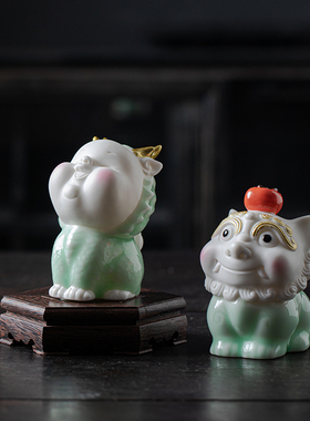 速发陶瓷瑞兽招财创年生肖宠意摆件可爱狮子桌面茶龙茶玩工艺品