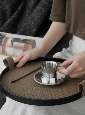 速发轻奢化妆品纳饰收首托盘圆形藤格纹家客厅卧盘床头香薰室装饰