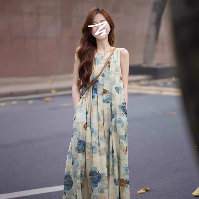 速发高级感袖古晕染袖花无复背心连衣裙
