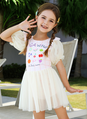 速发儿童2024新款米小中大童连体裙式保守孩色宝裙可爱纱宝泳装