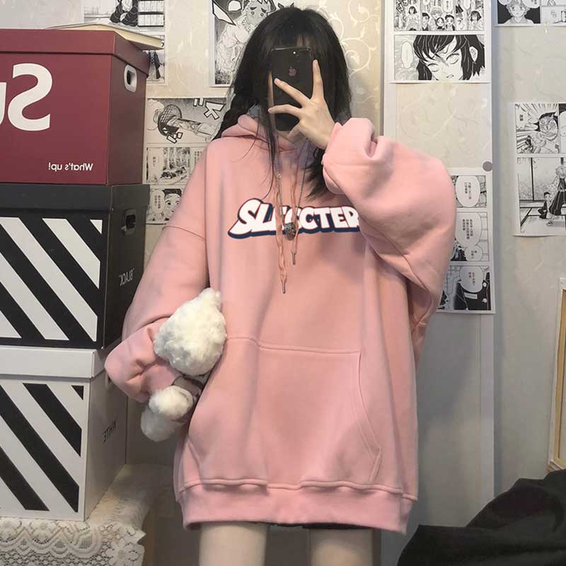 速发加绒卫式街头设计o连帽美衣秋冬宽松bf慵懒风hiph感p潮上衣