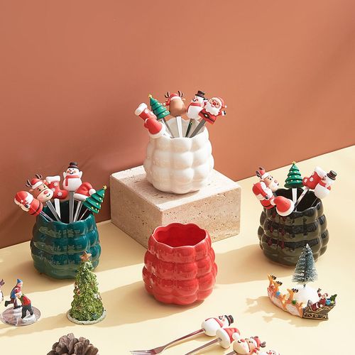 快速发货家用新款圣诞七件套水果叉E收纳陶瓷罐子圣诞氛围感少女