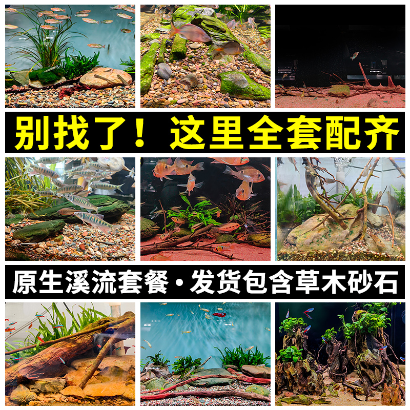 鱼缸造景全套原生溪流石大块主石火山石颗粒底砂生态网红沉木水草