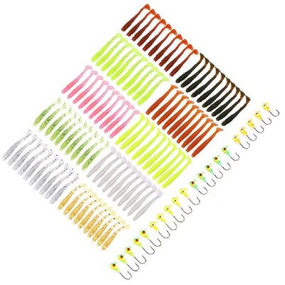 120pcs Soft Fishing Lures and Hooks Set Plastic Grub Worm