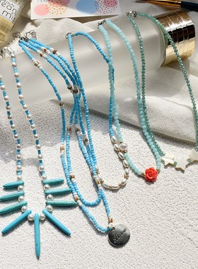 波西米亚风手工饰品米珠项链女蓝色系珠子松石珍珠花朵叠戴锁骨链