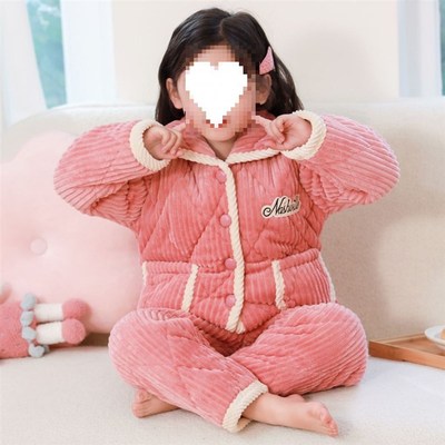 绿色伴侣儿童睡衣三层夹棉加厚款冬季法兰绒女童男童珊瑚绒套装宝